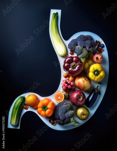 stomach shape filled with various fruits and vegetables healthy food photo