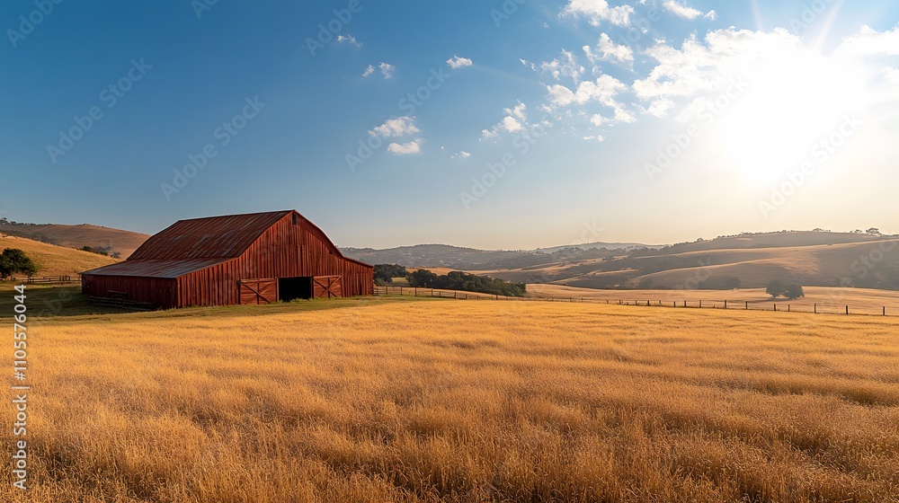 Panoramic rural farm landscape featuring red barn and golden wheat field against blue sky with dramatic sunburst, captured during golden hour with rolling hills. Panoramic rural farm landscape featuring red barn and golden wheat field against blue sky with dramatic sunburst, captured during golden hour with rolling hills.