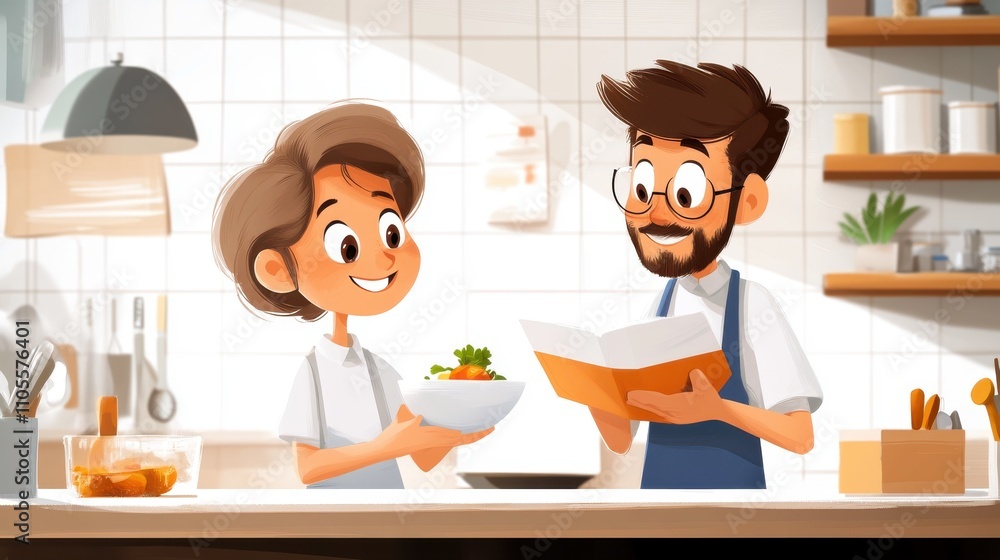 A cheerful couple is seen in a modern kitchen, preparing a healthy dish together, their smiles reflecting the joy and bonding that cooking brings them. A cheerful couple is seen in a modern kitchen, preparing a healthy dish together, their smiles reflecting the joy and bonding that cooking brings them.