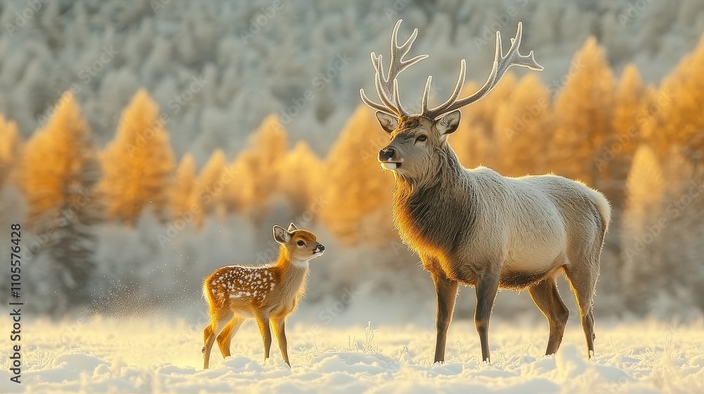 Obraz premium A serene winter scene featuring a majestic deer and its fawn, standing in a snow-covered woodland with golden light.