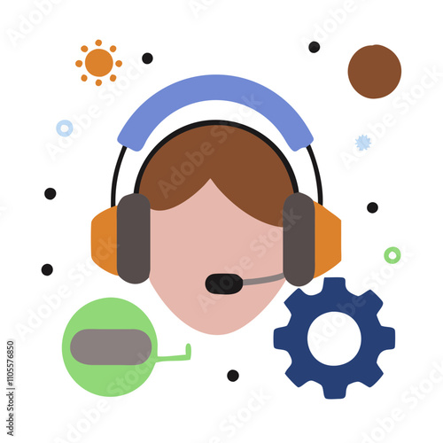 Customer support representative icon with headphones and gear in a colorful and professional style
