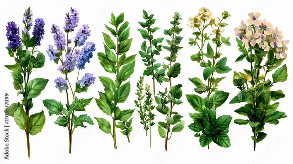 Naklejka premium Vibrant Herb & Flower Botanical Illustrations