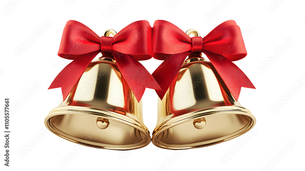 Shiny golden Christmas bells with red satin ribbon bow rendered in 3D, featuring metallic texture and polished brass finish with soft shadows against white background. Shiny golden Christmas bells with red satin ribbon bow rendered in 3D, featuring metallic texture and polished brass finish with soft shadows against white background.