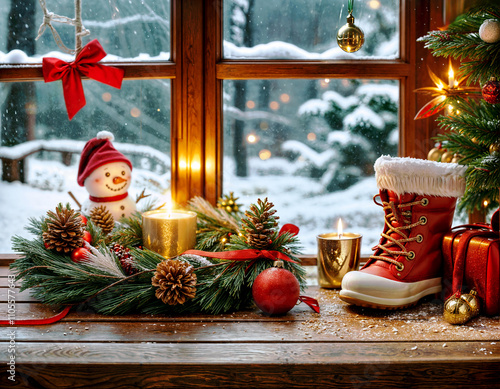 雪景色の見えるクリスマスの日
