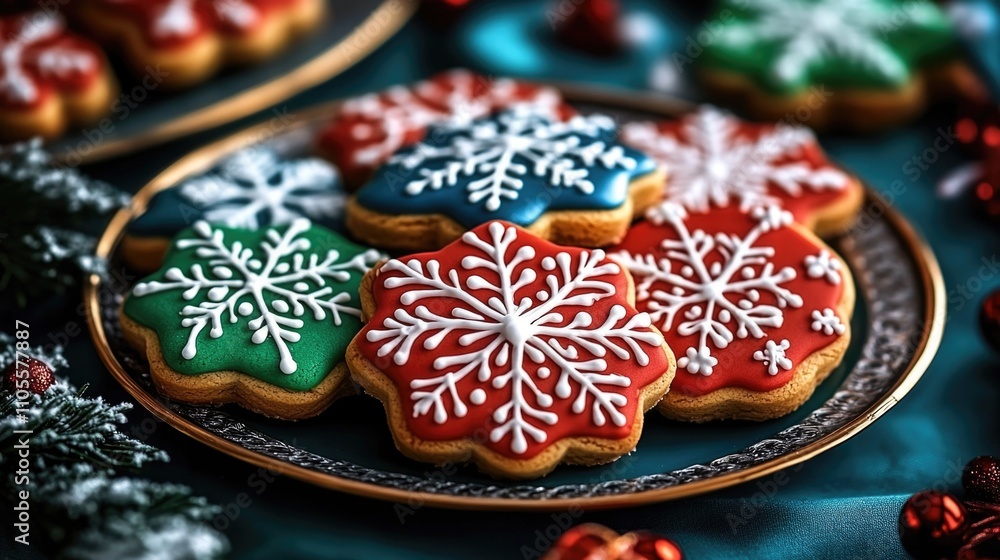 A plate of beautifully decorated Christmas cookies with colorful icing and snowflake A plate of beautifully decorated Christmas cookies with colorful icing and snowflake