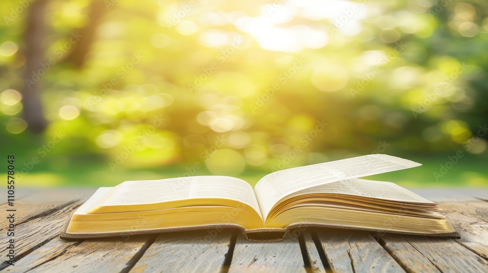 A close-up of an open Bible on a wooden table, sunlight gently shining on the pages, focuses attention on the sacred text. The scene is quiet and contemplative A close-up of an open Bible on a wooden table, sunlight gently shining on the pages, focuses attention on the sacred text. The scene is quiet and contemplative