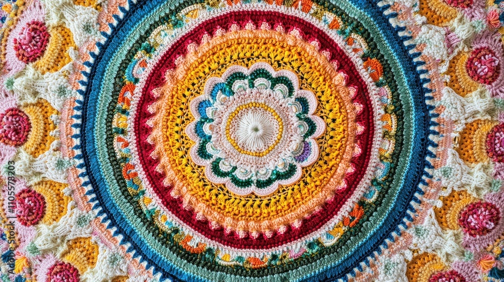 Colorful crochet mandala art displayed on a textured background showcasing intricate patterns Colorful crochet mandala art displayed on a textured background showcasing intricate patterns