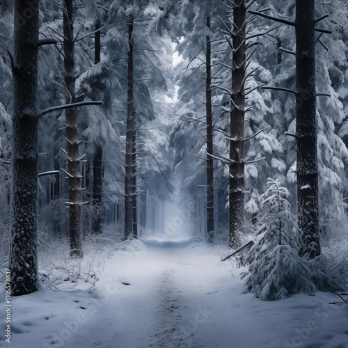 Mystical winter forest with snow-covered trees, a narrow path, and an eerie, foggy atmosphere.