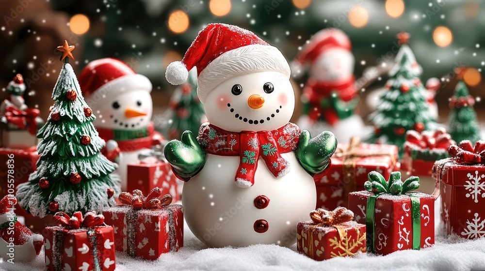 A festive Christmas scene with snowmen, presents, and decorations A festive Christmas scene with snowmen, presents, and decorations