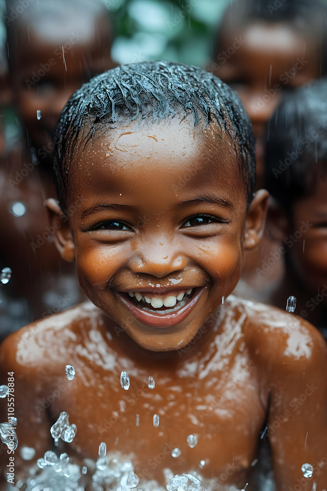 Joyful Child in Rain, Realistic Photo Joyful Child in Rain, Realistic Photo
