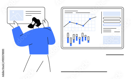 Business professional analyzing graphs on large screen display. Ideal for presentations, data analysis, project management, business strategy, team meetings, growth tracking, and statistics. Line