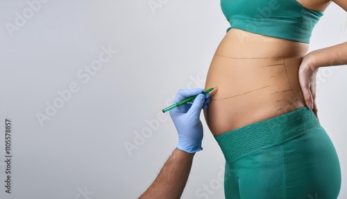 Plastic surgeon marking woman's belly on light background, closeup photo