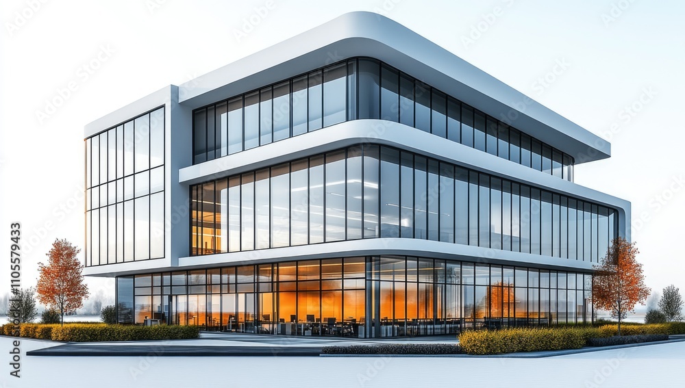 A modern office building with glass windows, isolated on a white background A modern office building with glass windows, isolated on a white background