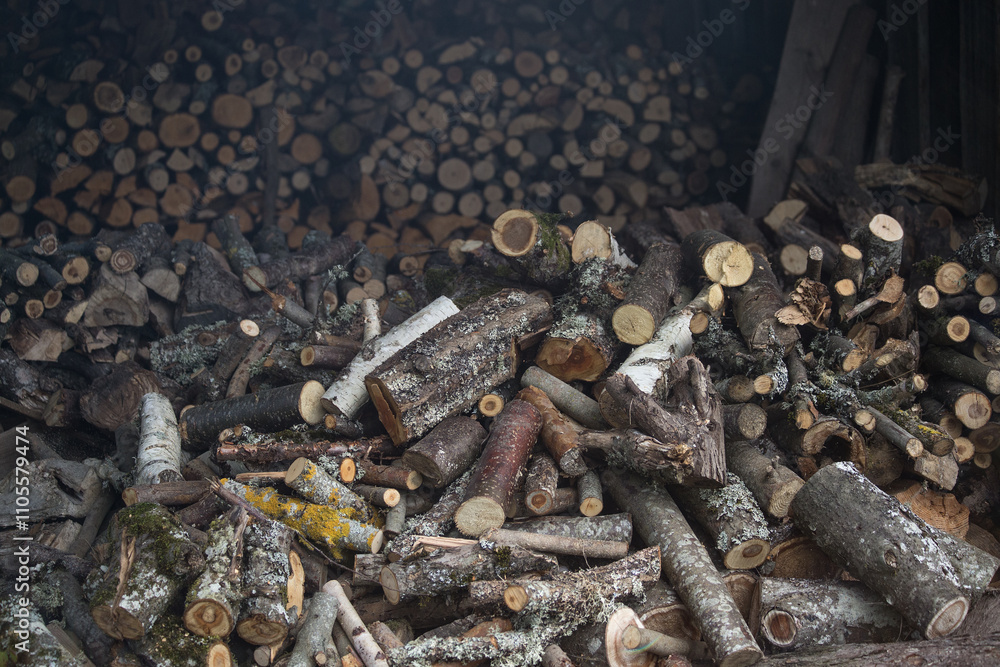 A large pile of sawn trees lies in a barn.