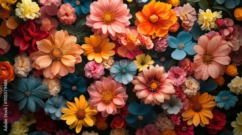 Colorful flower arrangement with a variety of flower types in pink, orange, yellow, and blue.