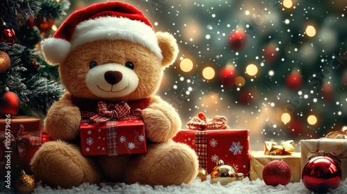 Wallpaper Mural A teddy bear wearing Christmas and a hat, sitting next to a tree with presents under it Torontodigital.ca