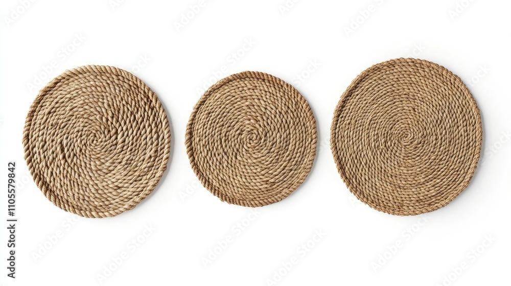 Three round, braided jute coasters creating a rustic and natural aesthetic. Three round, braided jute coasters creating a rustic and natural aesthetic.