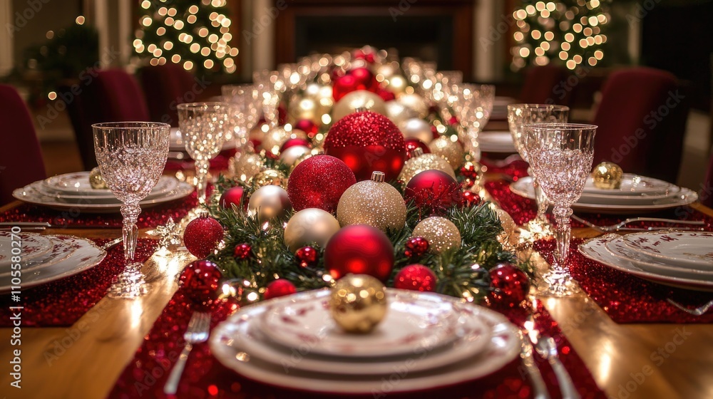 Christmas dining table, with red and gold decorations and lights on the top of it Christmas dining table, with red and gold decorations and lights on the top of it
