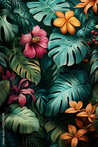 Wallpaper Mural Tropical Floral Illustration Lush Greenery Torontodigital.ca