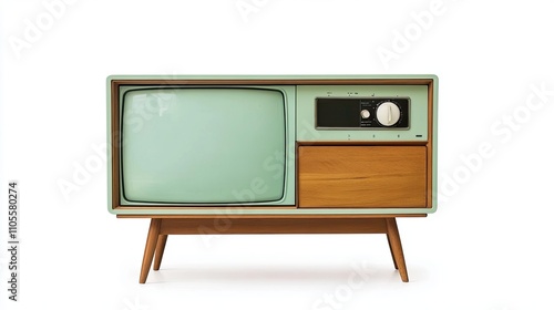 Retro vintage mint green TV set against white background photo