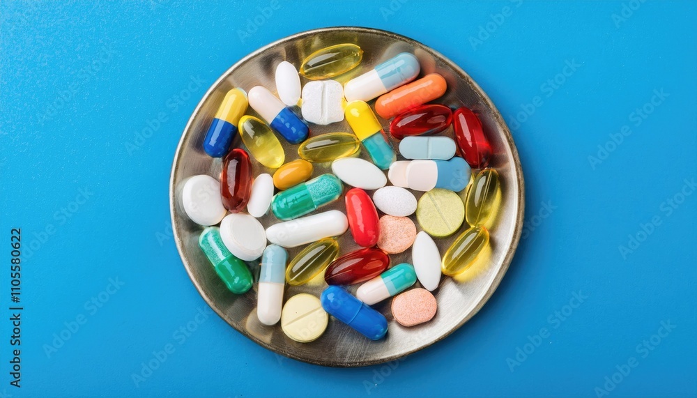 Plate of assorted pills and capsules on blue background Plate of assorted pills and capsules on blue background