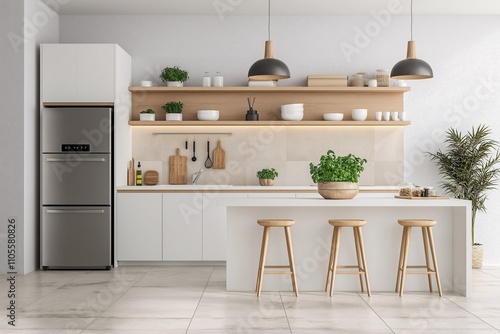 Modern All-White Kitchen Design Featuring Minimalist Decor, Sleek Appliances, and Ample Natural Light for a Bright Culinary Space