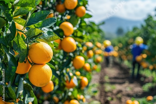 Vibrant Rows of Orange Trees in a Sunny Orchard, Showcasing a Successful Fruit Export Strategy with Workers Harvesting Ripe Oranges for Global Markets. photo