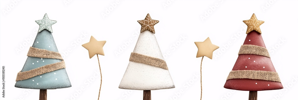 Close-Up View of Three Decorative Christmas Trees with Stars in Soft Color Palette, Showcasing Unique Designs and Textures for a Festive Atmosphere Close-Up View of Three Decorative Christmas Trees with Stars in Soft Color Palette, Showcasing Unique Designs and Textures for a Festive Atmosphere