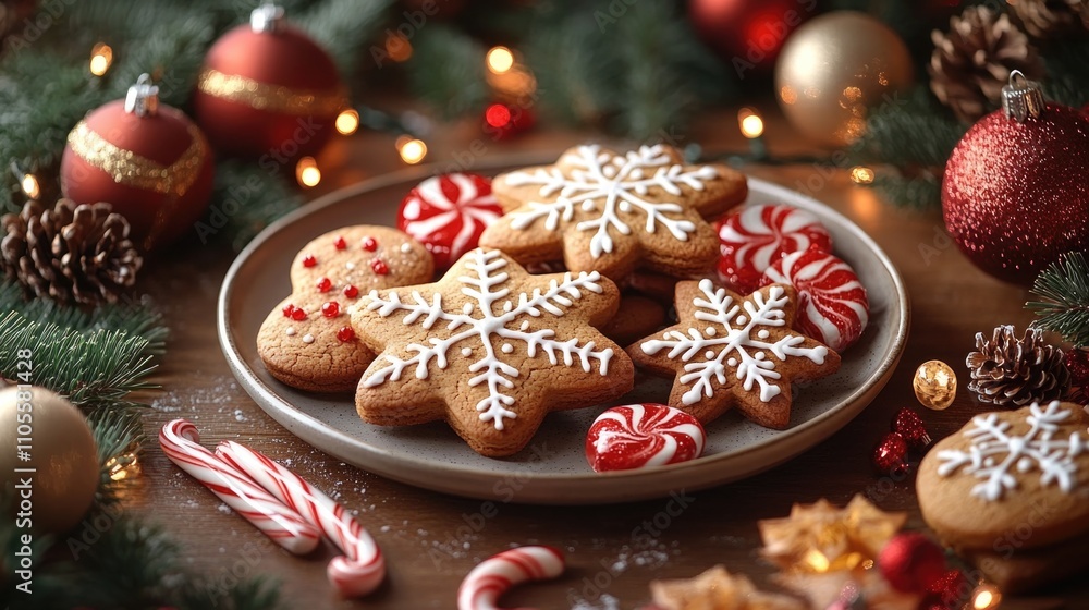A plate of gingerbread cookies, candy canes, and Christmas decorations on the table A plate of gingerbread cookies, candy canes, and Christmas decorations on the table