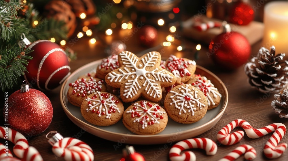 A plate of gingerbread cookies, candy canes, and Christmas decorations on the table