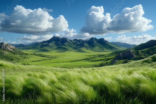 Expansive Green Valley with Rolling Hills and Dramatic Cloudy Sky in the Countryside