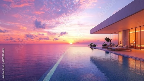 A serene sunset view from a modern villa with an infinity pool overlooking the ocean.