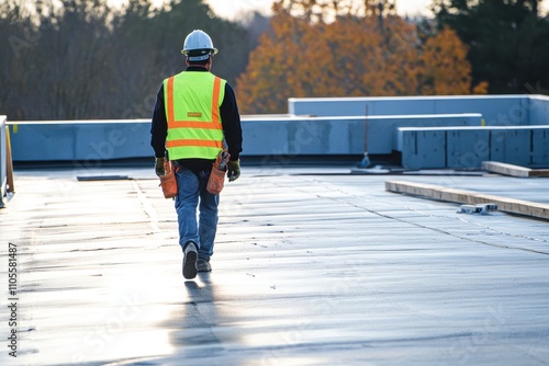 Construction worker walking across a flat rooftop during autumn, wearing a high-visibility vest and safety gear, emphasizing outdoor work and safety practices