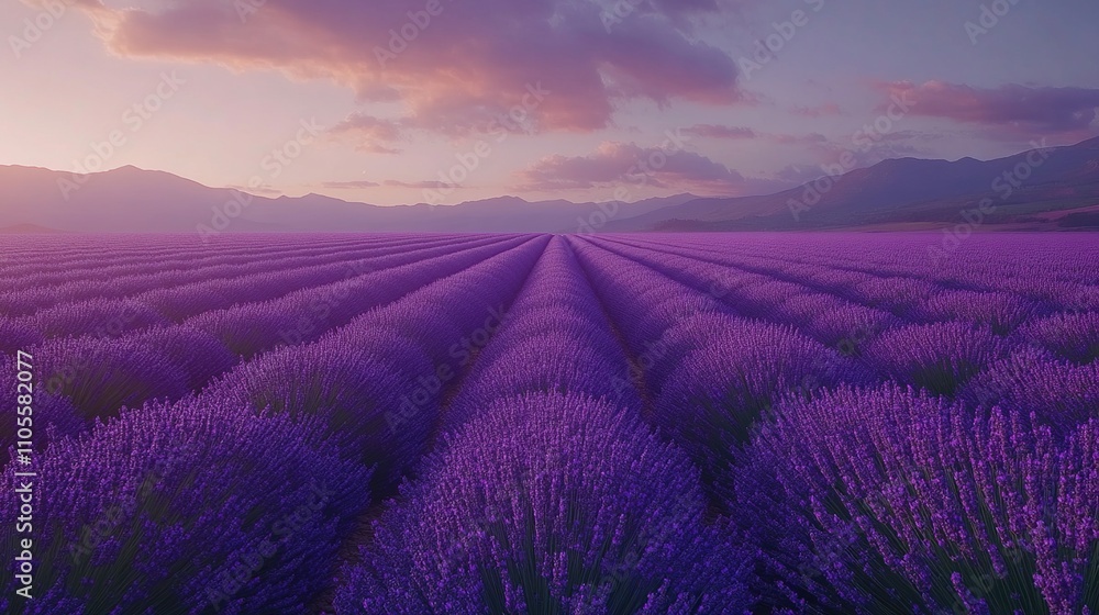 A serene lavender field at sunset, showcasing vibrant purple hues and distant mountains. A serene lavender field at sunset, showcasing vibrant purple hues and distant mountains.