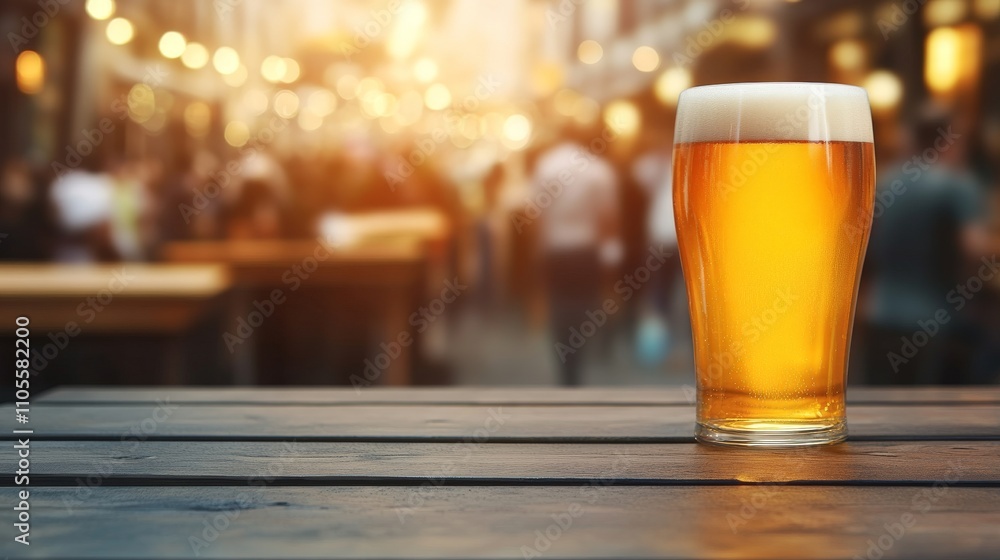 Refreshing pint of craft beer on rustic table in bustling outdoor urban setting.