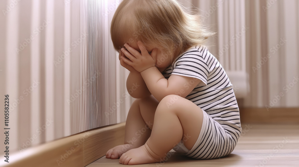 A crying small baby sits on the wooden floor in the room, covering his face with his hands.An expression of sadness, vulnerability and despair of a small child. A crying small baby sits on the wooden floor in the room, covering his face with his hands.An expression of sadness, vulnerability and despair of a small child.