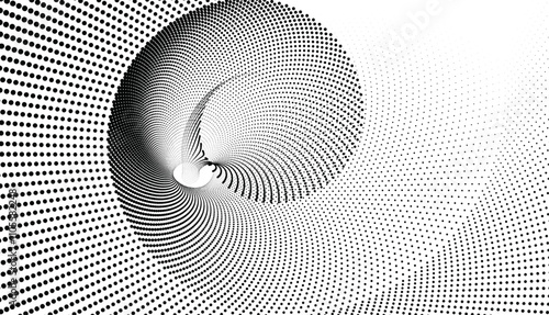 Black and white Fibonacci geometric curved pattern with dotted texture.