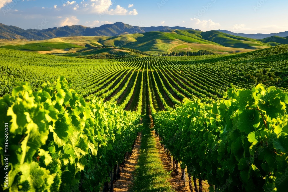 Expansive Vineyard with Neatly Aligned Grapevines and Rolling Hills Under a Clear Blue Sky Expansive Vineyard with Neatly Aligned Grapevines and Rolling Hills Under a Clear Blue Sky