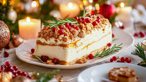 Wallpaper Mural Eggnog Ice Cream Terrine with Layers of Caramel and Biscotti, Finished with Rosemary and Red Currants, Set Against a Beautifully Decorated Holiday Table with Candles and Ornaments Torontodigital.ca