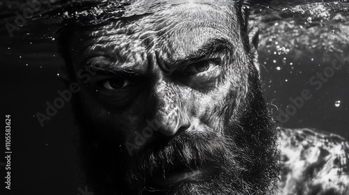 Intense underwater portrait of a man with a thick beard.
