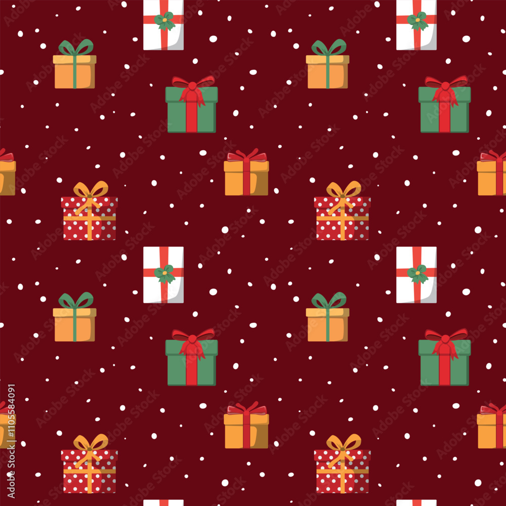 Christmas presents and white snowflakes. Vector seamless pattern on red background. For textile, wrapping paper, packaging, backdrop, wallpaper. Christmas presents and white snowflakes. Vector seamless pattern on red background. For textile, wrapping paper, packaging, backdrop, wallpaper.