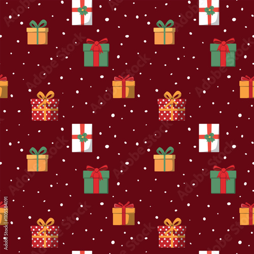 Christmas presents and white snowflakes. Vector seamless pattern on red background. For textile, wrapping paper, packaging, backdrop, wallpaper.