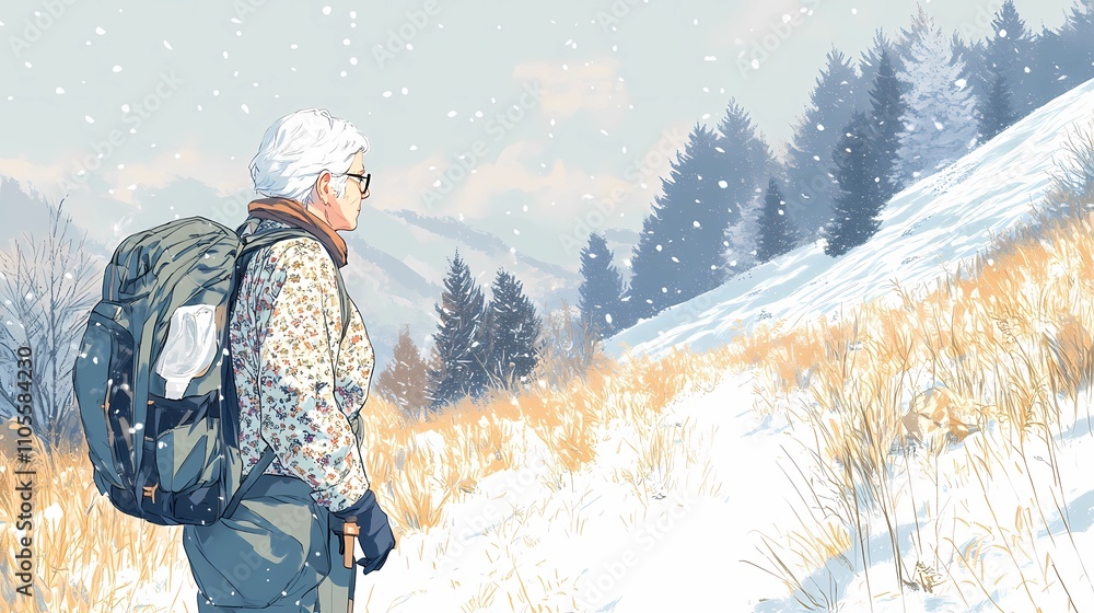 Experienced travelers with durable backpacks standing at a scenic viewpoint, gazing at distant snow-capped peaks in admiration Experienced travelers with durable backpacks standing at a scenic viewpoint, gazing at distant snow-capped peaks in admiration