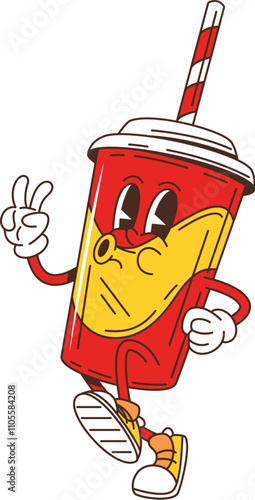 Cartoon retro groovy soda drink fast food character with happy smile, vector emoji. Groovy soda cup with funny face whistling and happy walking with hippie peace sign for fast food cartoon character