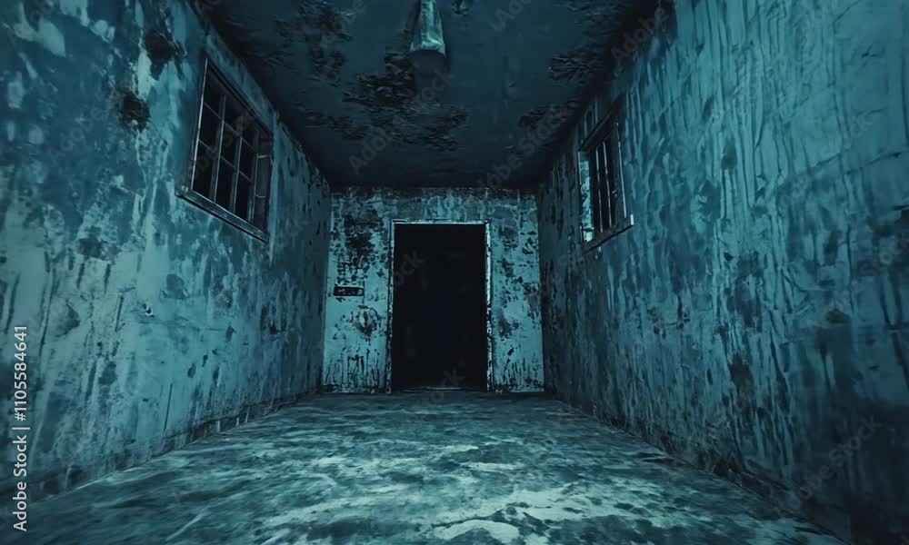 A dimly lit, eerie hallway with peeling walls and a dark doorway at the end. A dimly lit, eerie hallway with peeling walls and a dark doorway at the end.