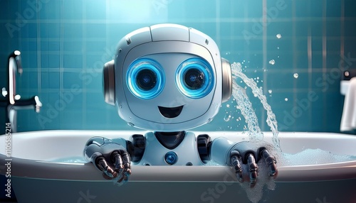 Obraz na płótnie ロボットがお風呂に入って耳から水がでる様子。 aiで生成