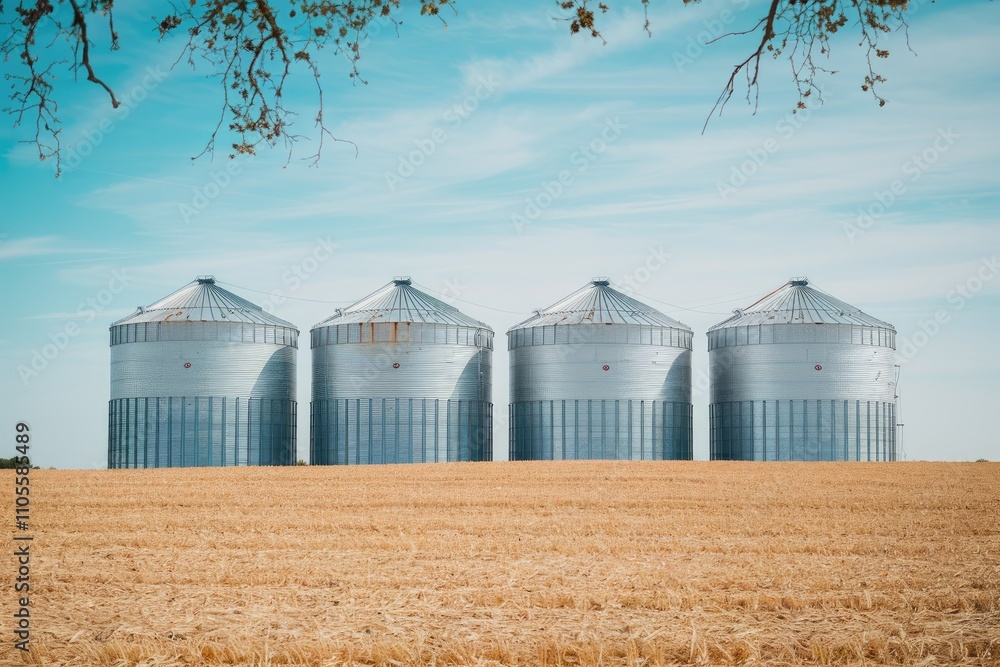 Four metal grain silos dominating wheat field under blue sky Four metal grain silos dominating wheat field under blue sky