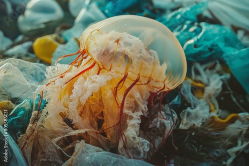 A striking image of a jellyfish surrounded by ocean litter and plastic waste reflecting on the urgent need for global environmental action to protect marine ecosystems. photo