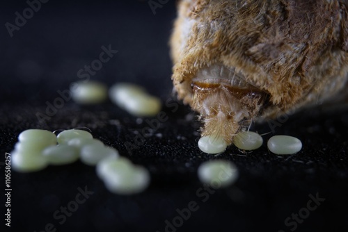 Close-up view of a silkworm laying eggs.