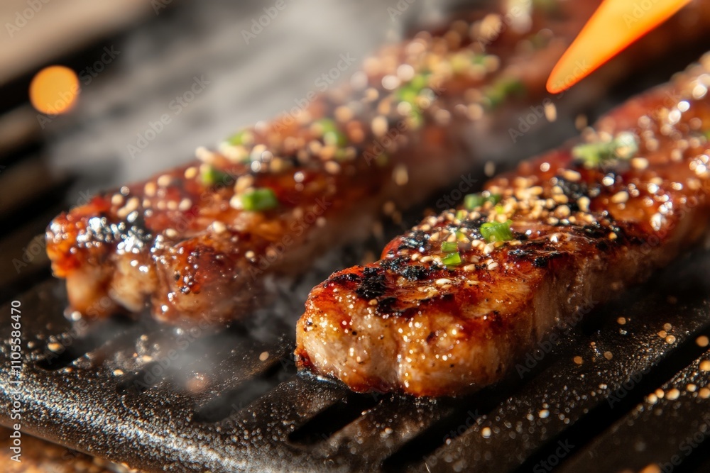 Deliciously grilled meat sprinkled with sesame seeds on a barbecue grill emits smoke, creating an appetite-inducing scene of flavor and culinary craft. Deliciously grilled meat sprinkled with sesame seeds on a barbecue grill emits smoke, creating an appetite-inducing scene of flavor and culinary craft.